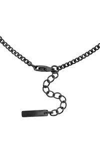 Zwarte metalen ketting met ovale schakels, voorzien van een sluiting en een vlak rechthoekig label. Zachte textuur met een glanzende afwerking.