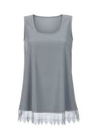 Graues Tanktop mit Rundhalsausschnitt, das einen dekorativen Spitze-Saum in einem kontrastierenden Design aufweist. Glatte Textur, ärmelloser Stil.