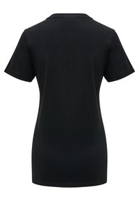 Sort kortærmet tætsiddende T-shirt vist bagfra med rund halsudskæring på en hvid baggrund.