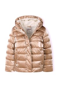 Doudoune beige brillante pour enfant avec capuche, fermeture éclair devant, bouton-pression et deux poches, doublée d'une polaire blanche à l'intérieur.