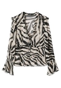 Blouse à imprimé zèbre noir et blanc en tissu transparent, avec des bords volantés, un profond décolleté en V et des manches évasées avec un détail de taille cintrée.