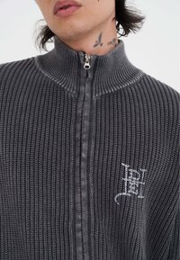 Mann trägt einen dunkelgrauen, gestrickten Reißverschluss-Pullover mit hohem Kragen und kleinem gesticktem Logo auf der Brust; Vogeltattoos sind am Hals sichtbar.