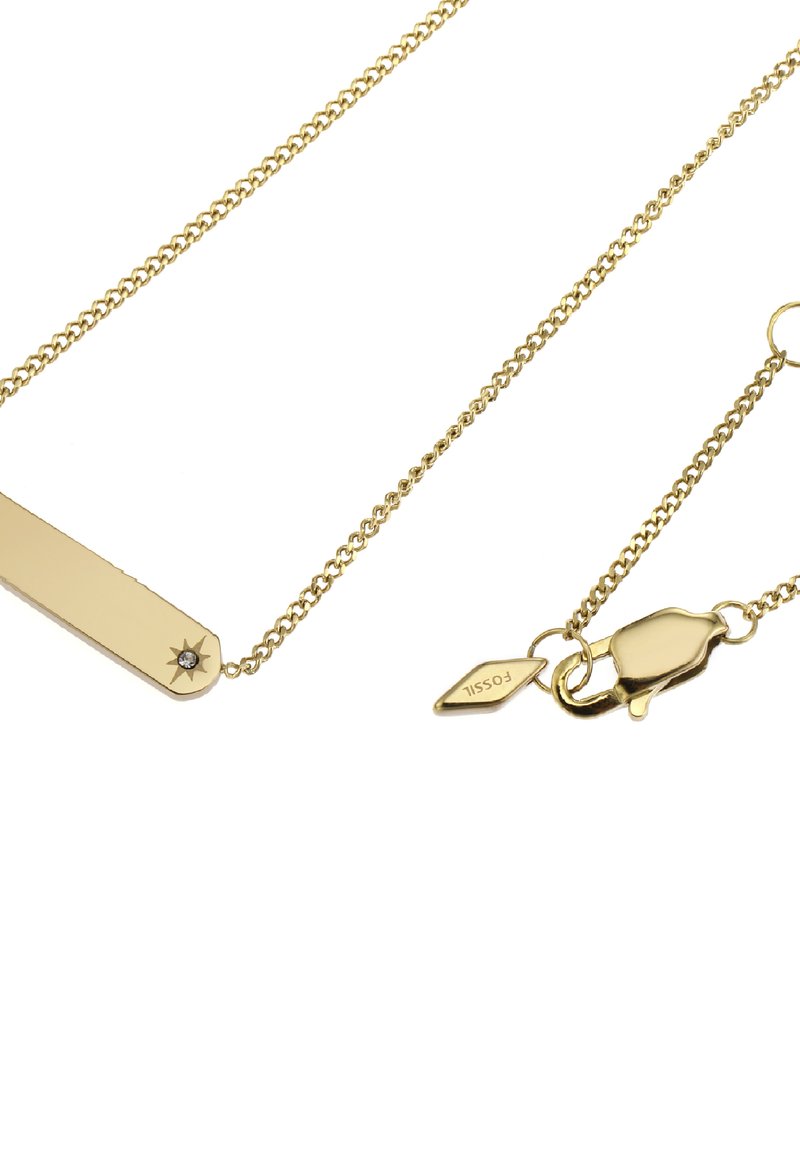 Collana dorata con un pendente piatto e rettangolare che presenta un accento a forma di stella e una piccola gemma. Design a maglie della catena e chiusura a moschettone.