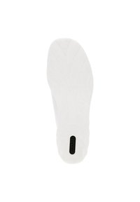 Semelle de chaussure en caoutchouc blanc avec un motif de grip texturé et un logo "remonte" noir près du talon. Bords lisses et légèrement incurvés.