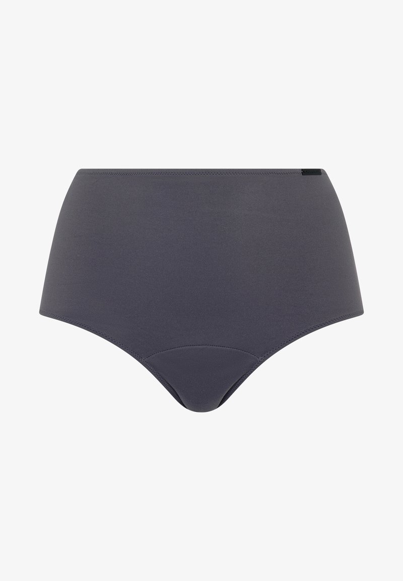 Szare majtki z wysokim stanem wykonane z gładkiej tkaniny, o prostym designie z delikatnym logo i elastycznym pasem.