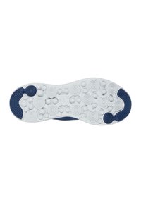 Semelle de chaussure avec un fond en caoutchouc blanc, présentant des motifs circulaires et une texture antidérapante. Accent bleu près du talon. Fini lisse dans l'ensemble.