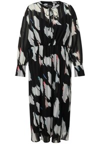 Schwarzes Kleid mit lockerem Schnitt, versehen mit einem abstrakten weißen und farbigen Muster, langen Ärmeln und einer Kordel zum Binden am Ausschnitt.