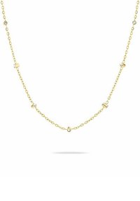 Collana in oro con dettagli alternati cilindrici e rotondi, arricchita da piccole cristalli trasparenti incastonati.