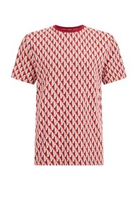 Röd och vit t-shirt med korta ärmar som har ett geometriskt triangelmönster. Rund halsringning med en kontrasterande röd kant. Mjuk bomullsmaterial.