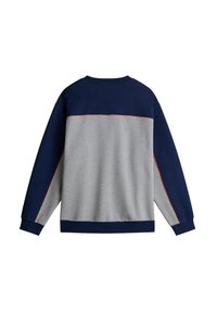 Grå och marinblå sweatshirt med rund halsringning, långa ärmar och en orange accent söm över ryggen. Mjuk, texturerad tyg.