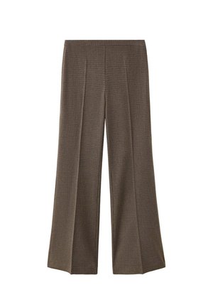 Pantalones anchos marrones con un sutil patrón de cuadros y cintura alta, mostrados sobre un fondo blanco.