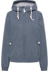 Veste grise imperméable dotée d'une capuche, de poignets élastiques, de poches avant avec fermetures éclair et de cordons de serrage en détail. La silhouette est légèrement cintrée.