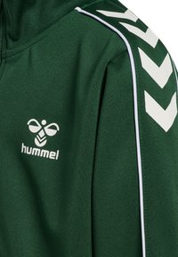 Grüne sportliche Zip-Jacke aus strukturiertem Material, mit weißem Logo und Chevron-Muster an den Schultern und entlang der Ärmel.