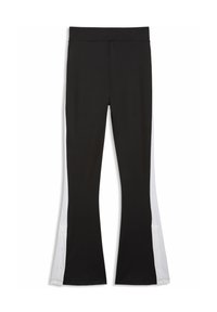 Μαύρο καμπάνα παντελόνι με λευκές ρίγες στα πλάγια και κουμπιά σναπ κοντά στο τελείωμα, διαθέτει φαρδύ ζωνάκι και λείο ύφασμα.