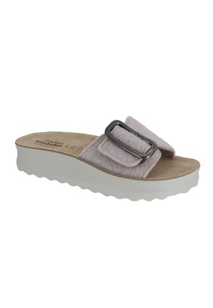 Pink felt slide sandal with dual straps, featuring a large silver buckle. White platform sole with textured bottom for grip.