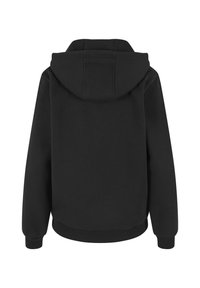 Czarna bluza z kapturem i długimi rękawami, z prążkowanymi mankietami i paskiem u dołu, pokazana z tyłu na białym tle.