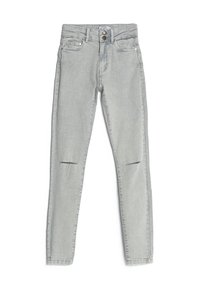 Jeans skinny de color gris claro con una textura desgastada, que presentan dos bolsillos delanteros, un bolsillo trasero y detalles de desgarro en las rodillas.
