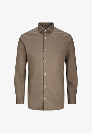 Camicia marrone a maniche lunghe con motivo a quadri, abbottonatura, colletto standard e bottoni bianchi. Tessuto liscio con design aderente.