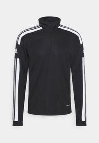 Mustapohja pitkähiha pullover-takki, jossa on neljänneksen vetoketju kauluksessa, valkoiset sivu raidat, pehmeä rakenne ja ribbikuvioiset hihansuut. Ominaisuudet sisältävät logon hihassa.
