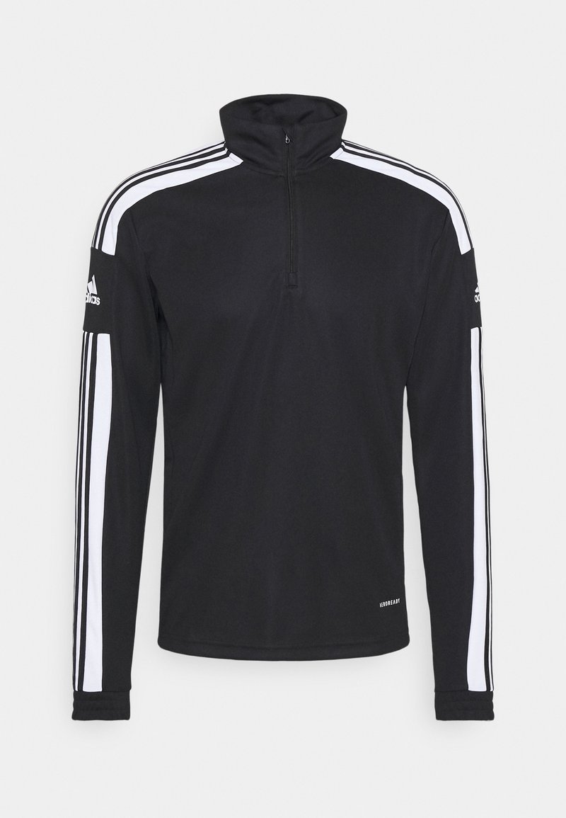 Mustapohja pitkähiha pullover-takki, jossa on neljänneksen vetoketju kauluksessa, valkoiset sivu raidat, pehmeä rakenne ja ribbikuvioiset hihansuut. Ominaisuudet sisältävät logon hihassa.