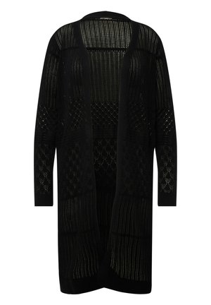 Zwarte gebreide cardigan met een gesloten voorzijde, open zijkanten, textuurpatronen en lange mouwen. Het materiaal heeft een doorschijnend, lichtgewicht uiterlijk.