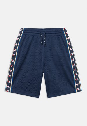 Marineblå sportsshorts i mesh med elastisk midjebånd og snøring, sidestriper i gult og blått, samt logodetaljer langs sidene.