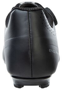 Musta pyöräilykenkä, jossa on sileä synteettinen päällinen, teksturoitu kangas kaulus, ilmanvaihtoreikiä ja kumipohja, jossa on pito-pinnat.