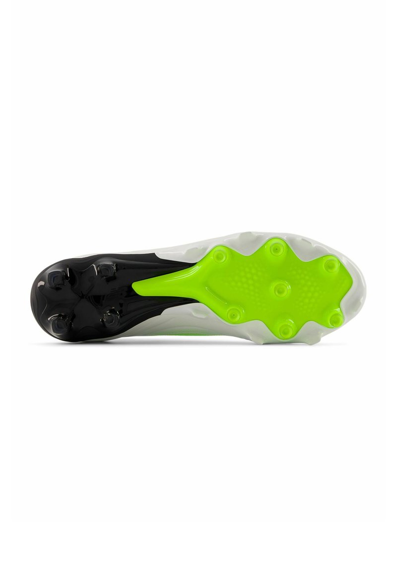 Football boot sole featuring a predominantly black and white design with a bright green accent, textured pattern, and conical studs.