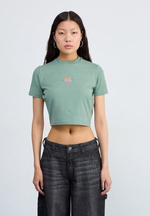 T-shirt a maniche corte croppata in cotone verde pallido, con un logo multicolore sul petto e un colletto alto.