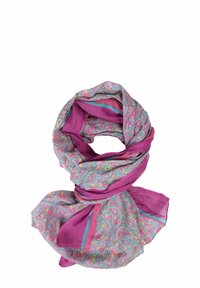 Lightweight scarf featuring a paisley pattern in pink, blue, and green, with solid pink accents. Made of soft, airy fabric.