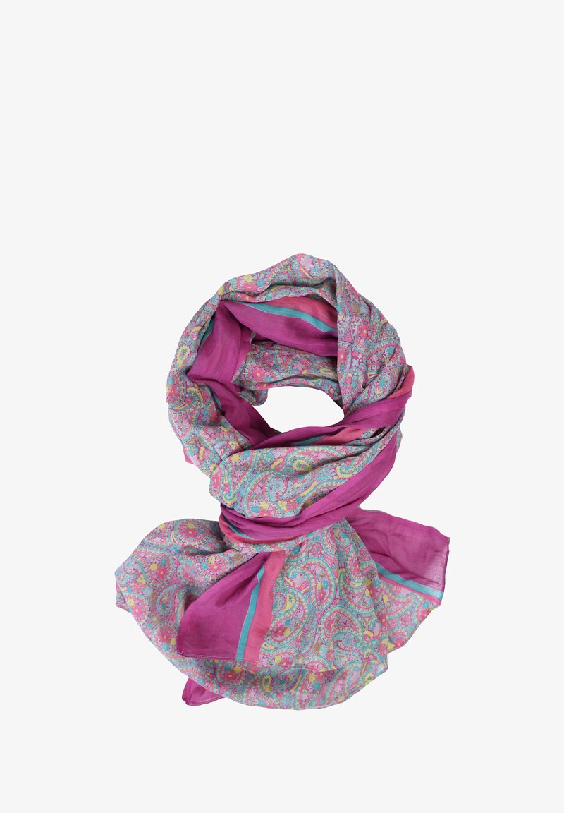 Lightweight scarf featuring a paisley pattern in pink, blue, and green, with solid pink accents. Made of soft, airy fabric.