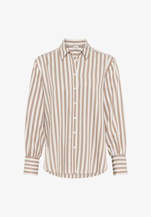 Blouse rayée en beige et crème, dotée d'un col classique, d'une fermeture à boutons sur le devant et de longues manches bouffantes avec des détails de poignet.