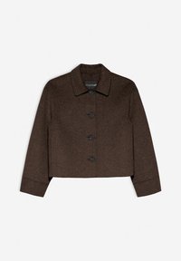 Bruine wolmix cropped jas met een kraag, voor sluiting met knopen en lange mouwen. Heeft een gladde textuur en een getailleerde pasvorm.