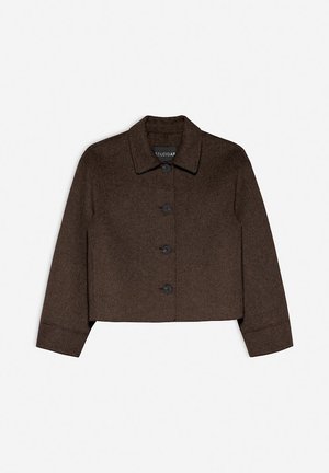 Veste courte en mélange de laine brun avec un col, fermeture à boutons à l'avant et manches longues. Elle présente une texture lisse et une coupe ajustée.