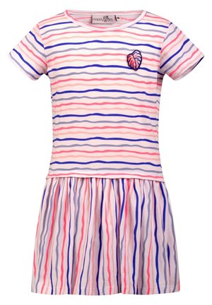 Sukienka dziewczęca z krótkim rękawem w różowe, niebieskie i fioletowe poziome i pionowe faliste paski oraz małym haftowanym liściem na piersi.