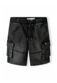Svarta denim cargo shorts med elastisk midja, två sidofickor och två stora cargofickor på låren. Slät textur, avslappnad design.
