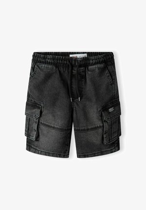 Zwarte denim cargoshorts met een elastische tailleband, twee zijzakken en twee grote cargozakken op de dijen. Gladde textuur, casual ontwerp.