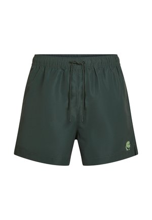 Zeleni plavalni kratki hlači iz lahkega materiala z elastičnim pasom, vezalko za zapiranje in majhno logotipno podrobnostjo na spodnji strani.