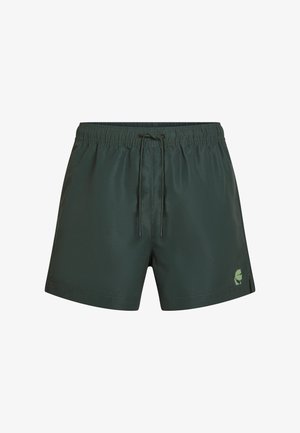 Zeleni plavalni kratki hlači iz lahkega materiala z elastičnim pasom, vezalko za zapiranje in majhno logotipno podrobnostjo na spodnji strani.