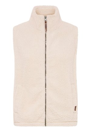 Cremefarvet fleecevest med høj krave, lynlåslukning foran og sidelommer. Har en blød, struktureret overflade og brune læderdetaljer.