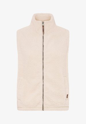 Cremefarvet fleecevest med høj krave, lynlåslukning foran og sidelommer. Har en blød, struktureret overflade og brune læderdetaljer.