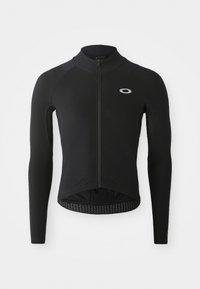 Black long-sleeve cycling jersey with a zip front, textured sleeve panels, reflective logo on the chest, and curved hem at the back.