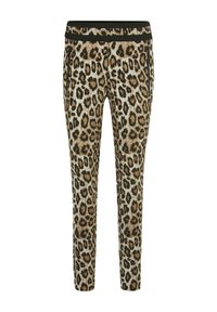 Schmal geschnittene Hose mit braun-schwarzem Leopardenmuster und schwarzem elastischem Taillenbund sowie seitlichen Reißverschlusstaschen.