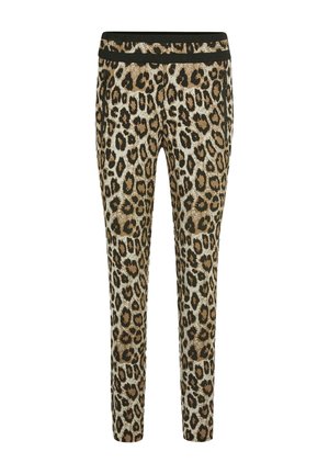 Schmal geschnittene Hose mit braun-schwarzem Leopardenmuster und schwarzem elastischem Taillenbund sowie seitlichen Reißverschlusstaschen.