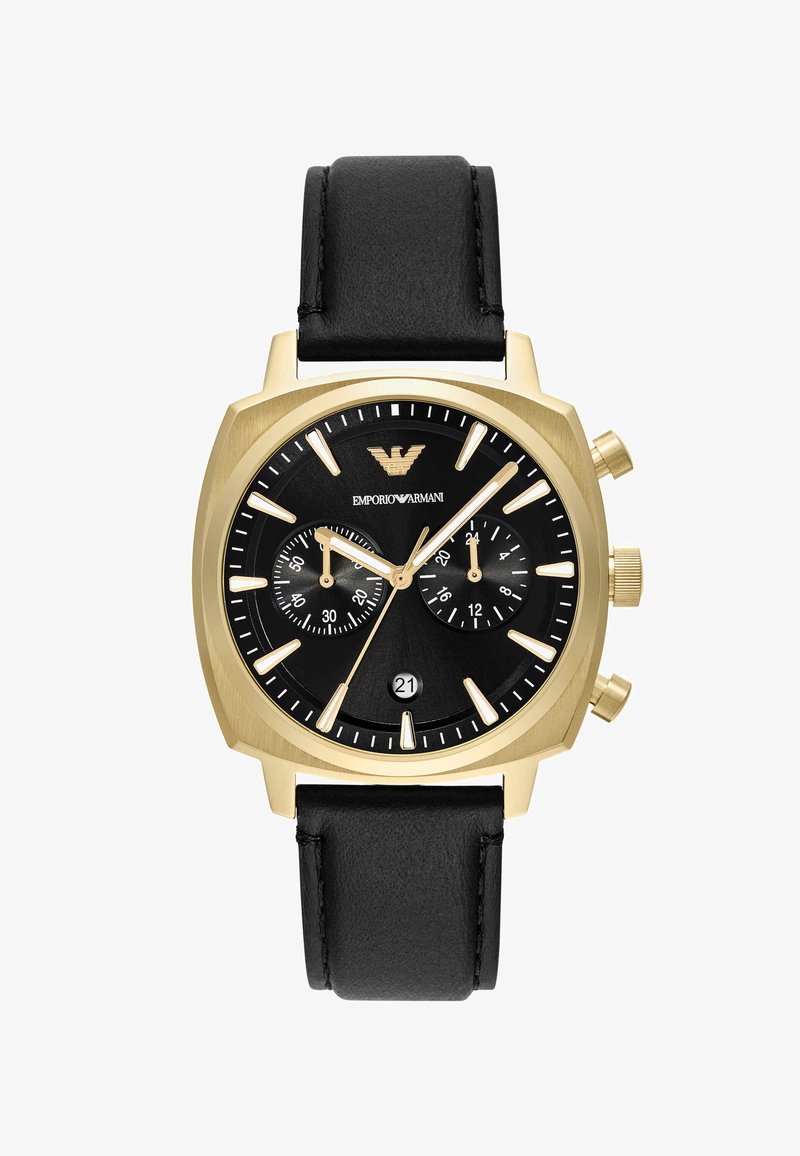 Guldtonad kronografklocka med svart urtavla. Utrustad med svart läderrem, 3 underdials, datumsdisplay och kontrasterande timmarkörer.