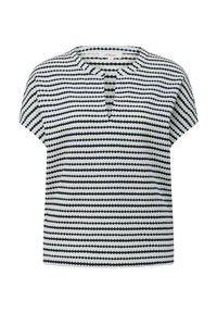Korte mouwen top in marineblauw en wit, met horizontale strepen. Ronde halslijn met een kleine placket aan de voorkant. Zacht, gestructureerd stof.
