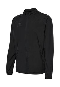 Schwarze leichte Zip-up-Jacke mit hohem Kragen, elastischen Bündchen, Seitentaschen und dezentem hummel-Logo auf der Brust.