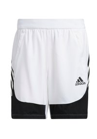 Valkoiset urheilushortsit mustilla yksityiskohdilla, joissa on teksturoitu vyötärö, sivutaskut ja kolme mustaa raitaa sivuilla.