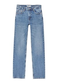 Vaqueros rectos de color azul claro hechos de denim, con cinco bolsillos, cierre de botón y cremallera, y detalles de costura visibles.