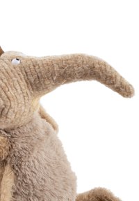 Plush toy made of soft, light brown fabric. Features a long, curved, textured trunk and two small white eyes. Brown accents on the head.